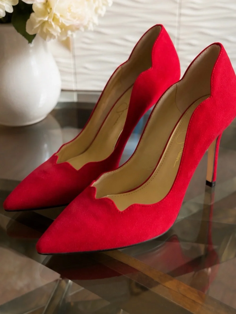Jessica Simpson Red Scalloped Pointed-Toe Suede Pumps